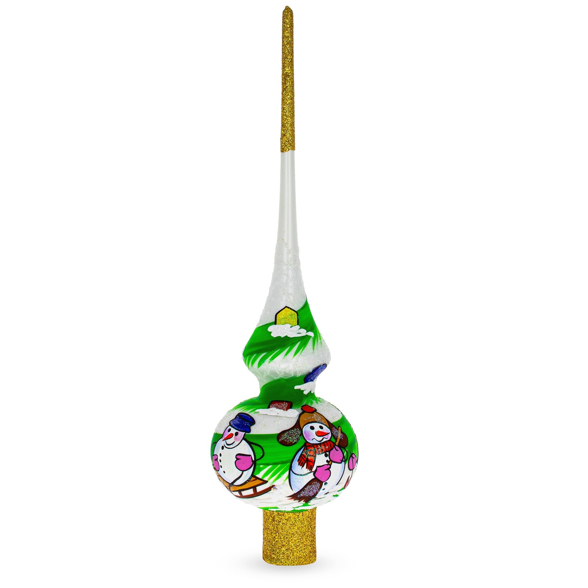 Snowmen on White Glass Christmas Tree Topper 11 Inches