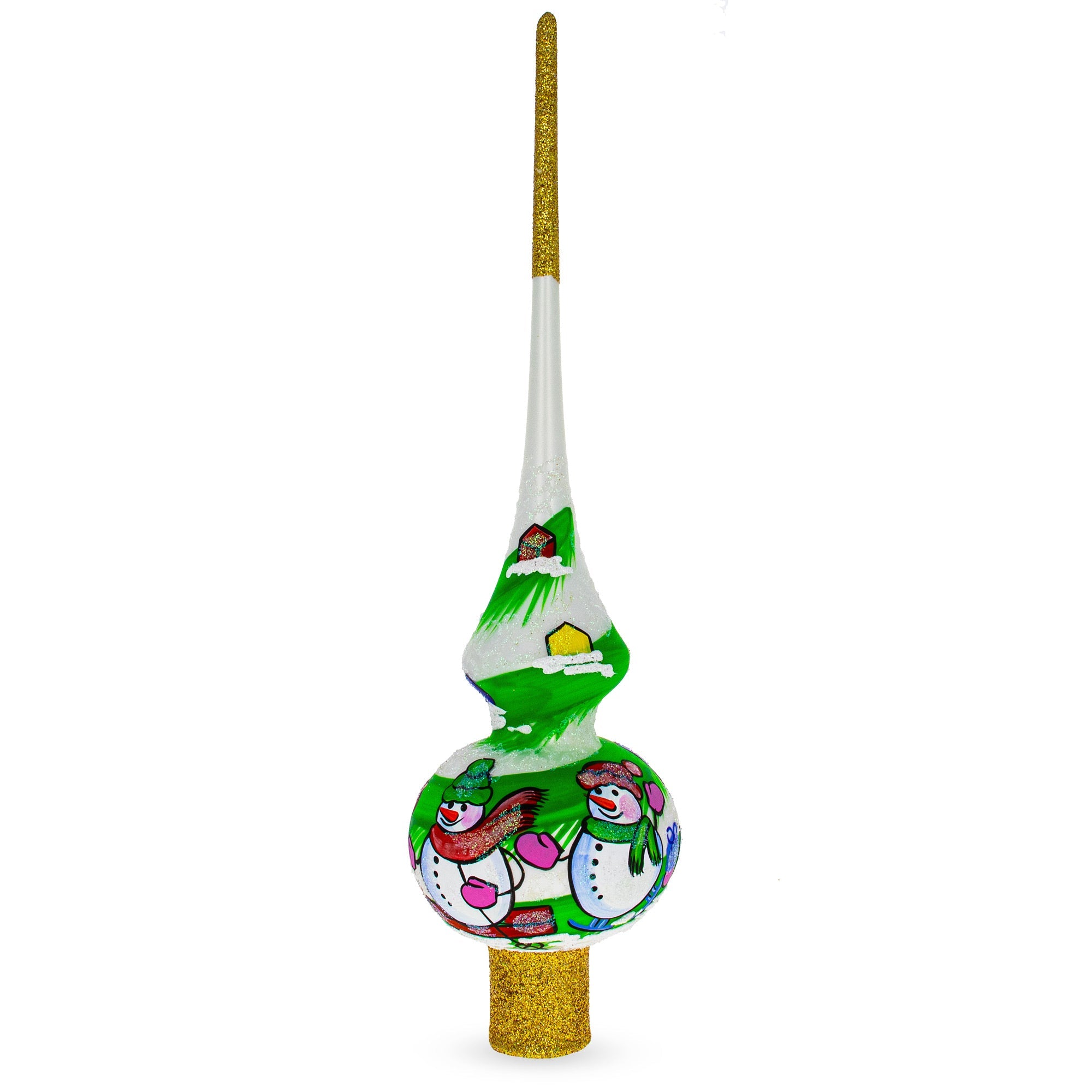 Snowmen on White Glass Christmas Tree Topper 11 Inches