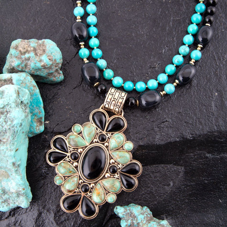 Barcelona Blue Turquoise and Black Onyx Golden Statement Necklace Barse Jewelry