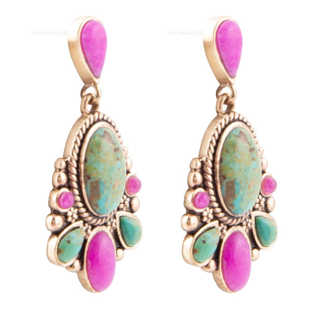 Barcelona Blue Turquoise and Pink Agate Golden Drop Earrings Barse Jewelry