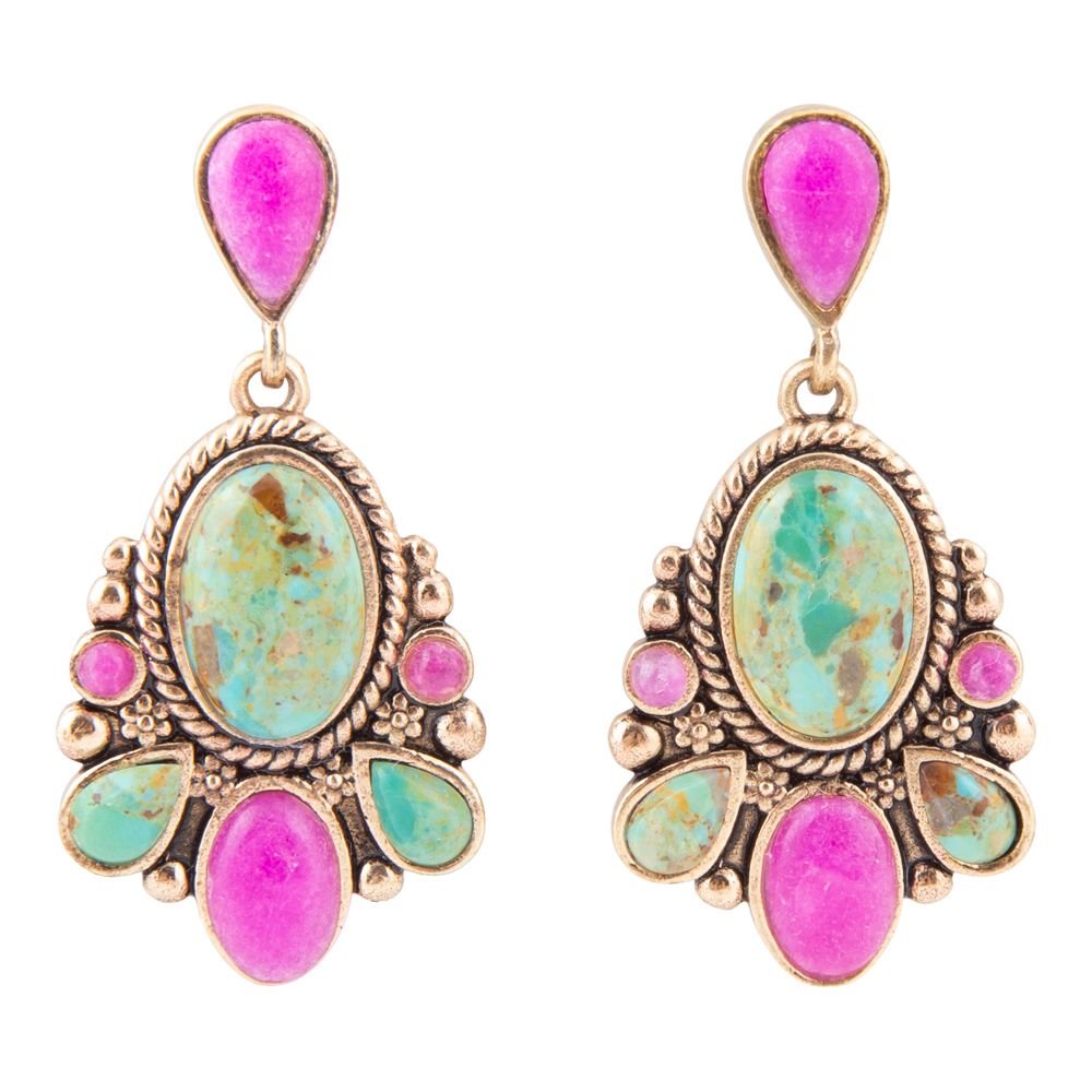 Barcelona Blue Turquoise and Pink Agate Golden Drop Earrings Barse Jewelry