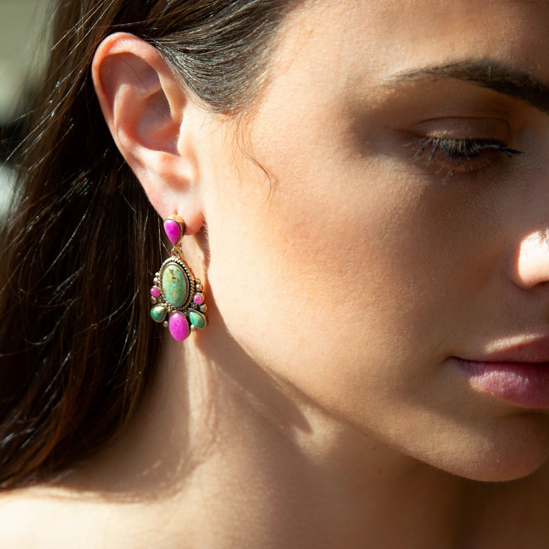 Barcelona Blue Turquoise and Pink Agate Golden Drop Earrings Barse Jewelry