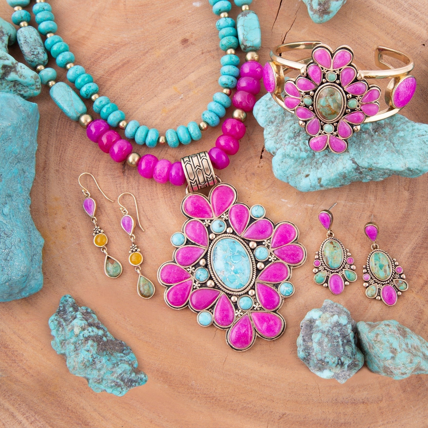 Barcelona Pink Agate and Blue Turquoise Statement Cuff Bracelet Barse Jewelry