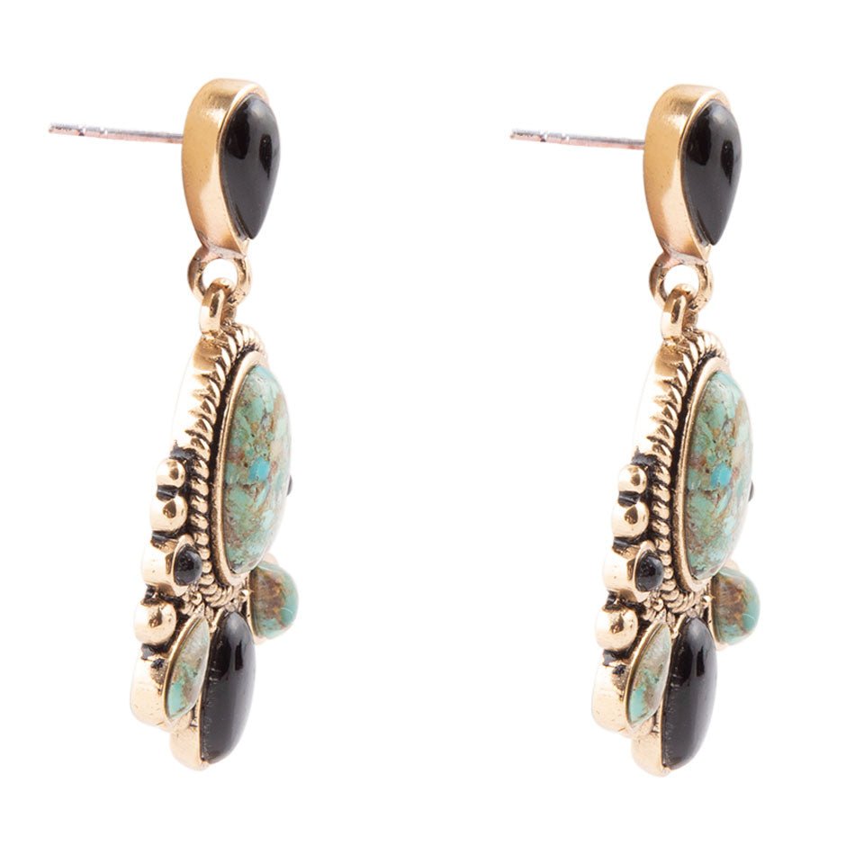 Barcelona Blue Turquoise and Black Onyx Post Drop Golden Earrings Barse Jewelry