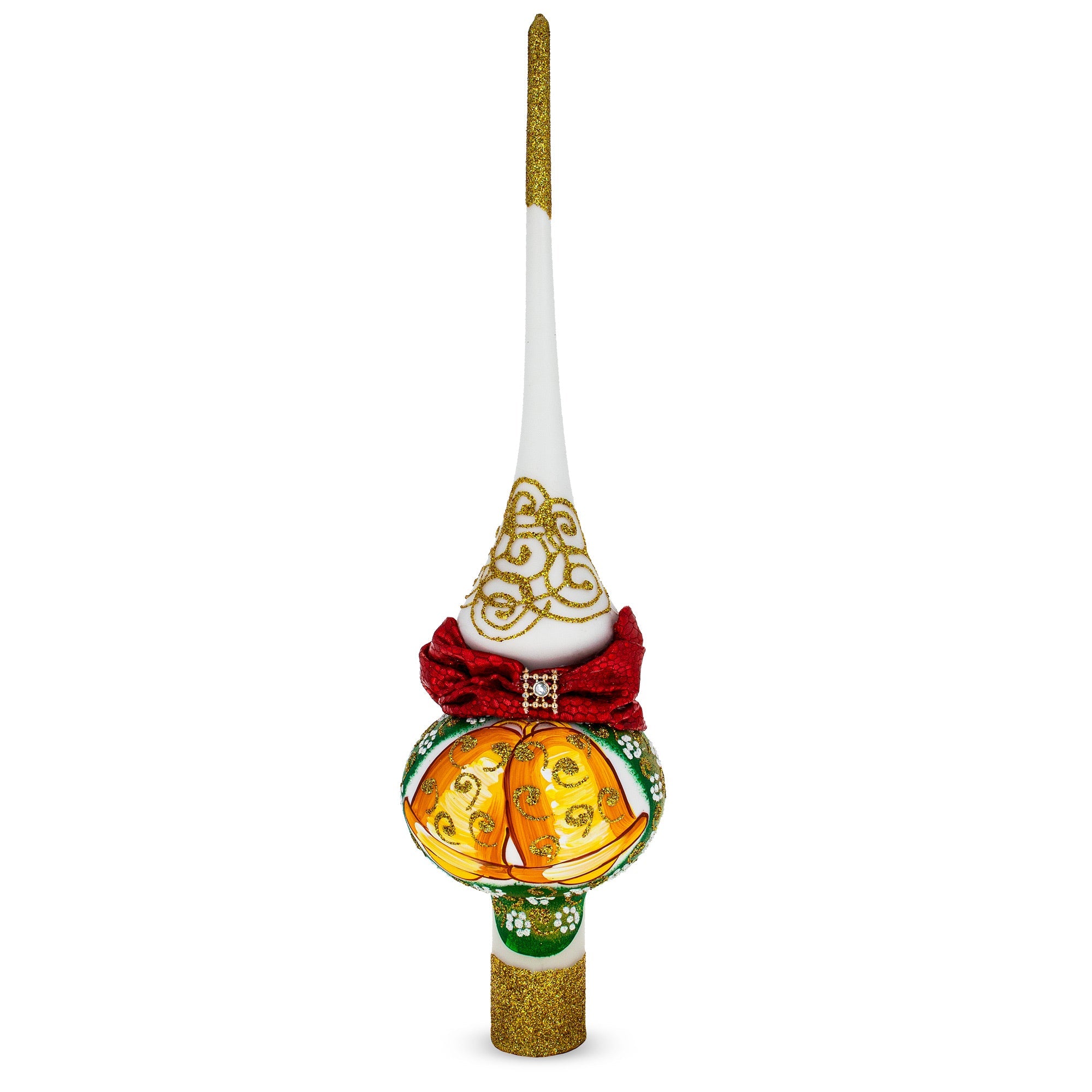 Bow and Bells on White Glass Christmas Tree Topper 11 Inches