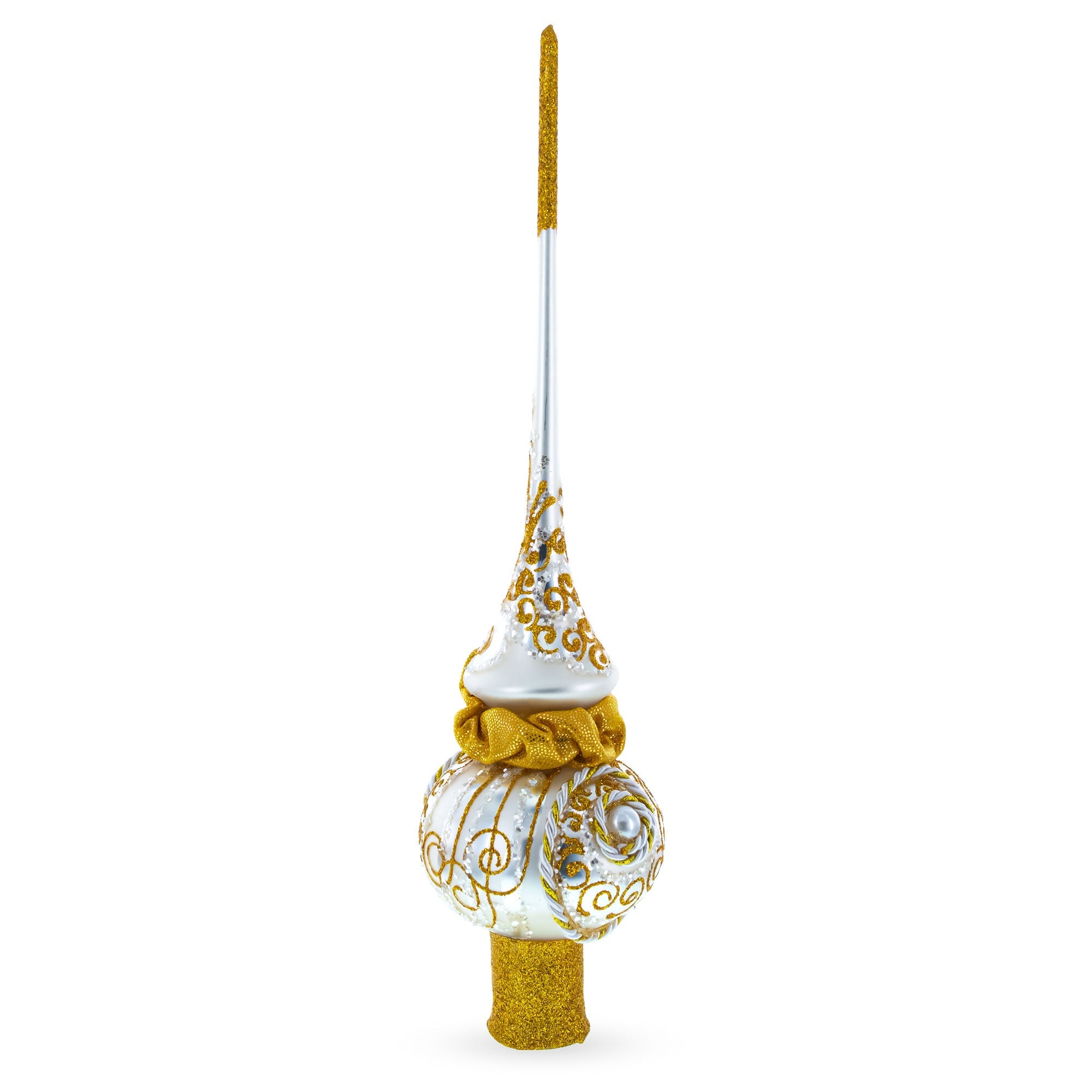 Golden Twisted Rope and Bow on White Glass Christmas Tree Topper 11 Inches