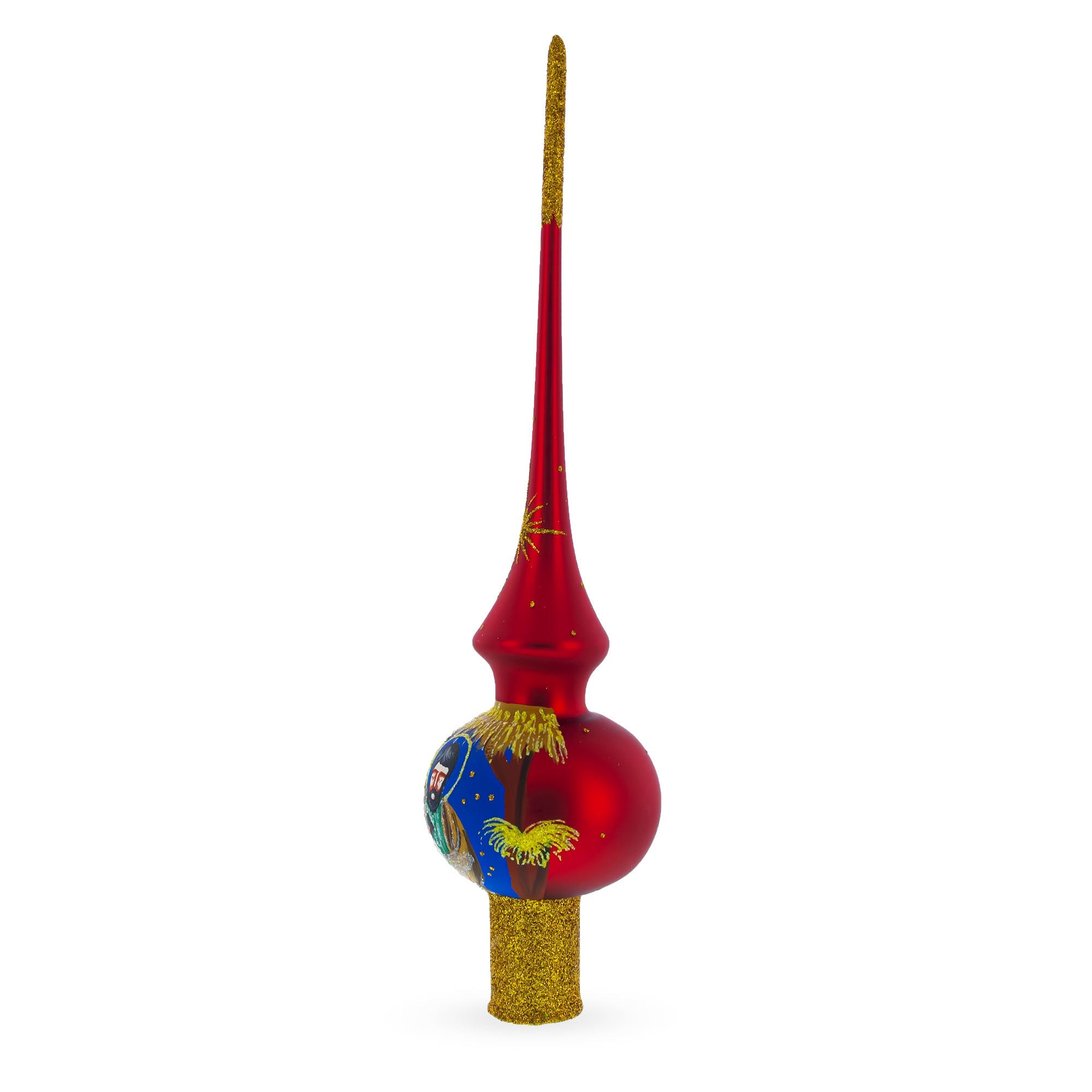 Holy Family Nativity Scene on Red Glass Christmas Tree Topper 11 Inches