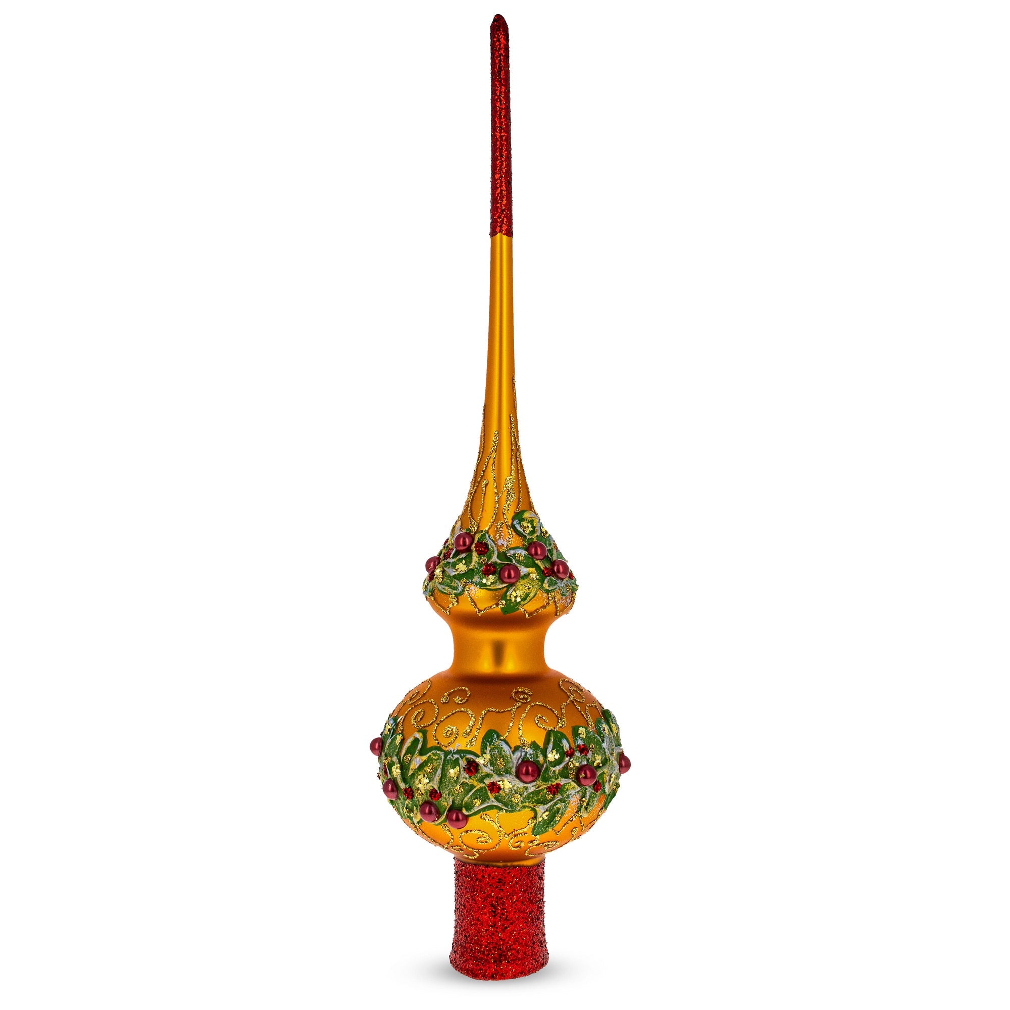 Poinsettia Flowers with Pearls Gold Glass Christmas Tree Topper 11 Inches