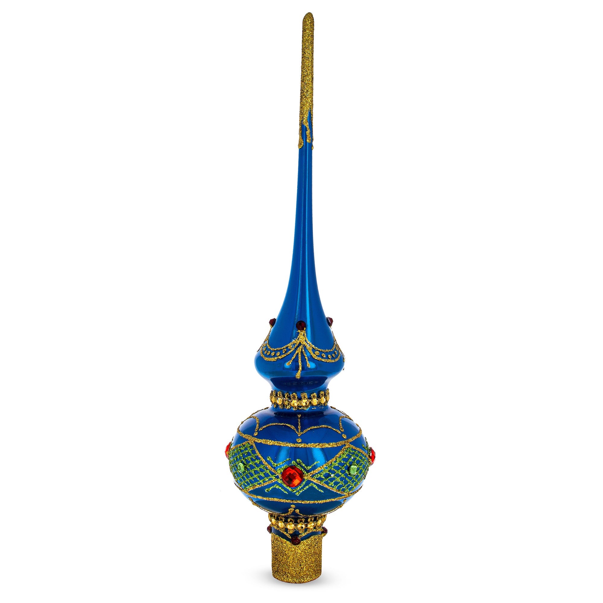 Blue and Gold with Ornate Glitter Geometrical Glass Christmas Tree Topper 11 Inches