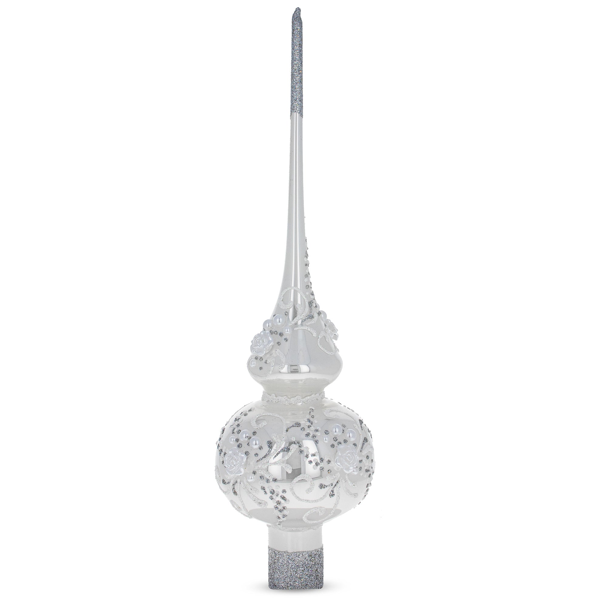 White Roses and Pearls on Glossy White Glass Christmas Tree Topper 11 Inches
