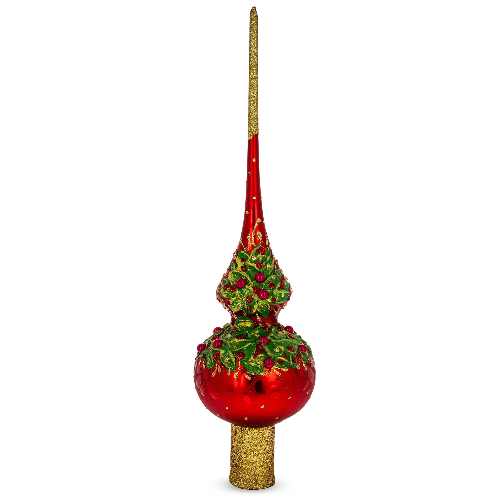 Red Pearls and Poinsettia Flowers on Glossy Red Glass Christmas Tree Topper 11 Inches