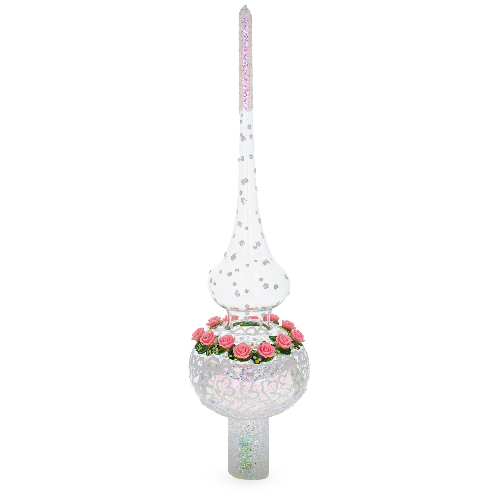 Pink Roses on Silver Swirls and Clear Glass Christmas Tree Topper 11 Inches