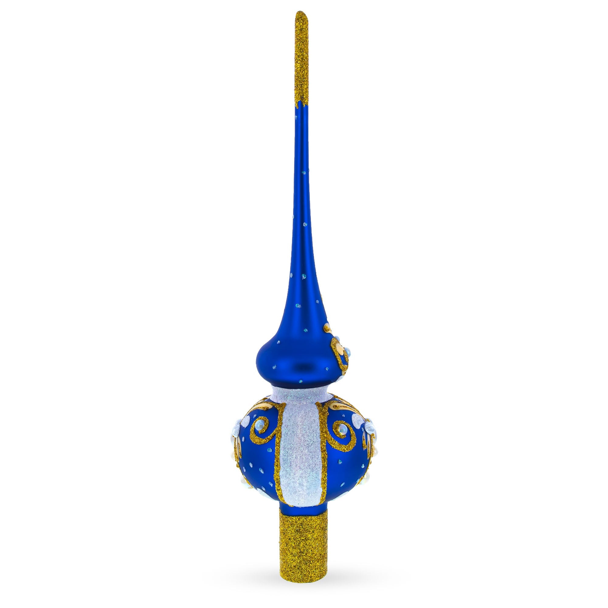 White Pearls with Golden Leaves on Blue Glass Christmas Tree Topper 11 Inches