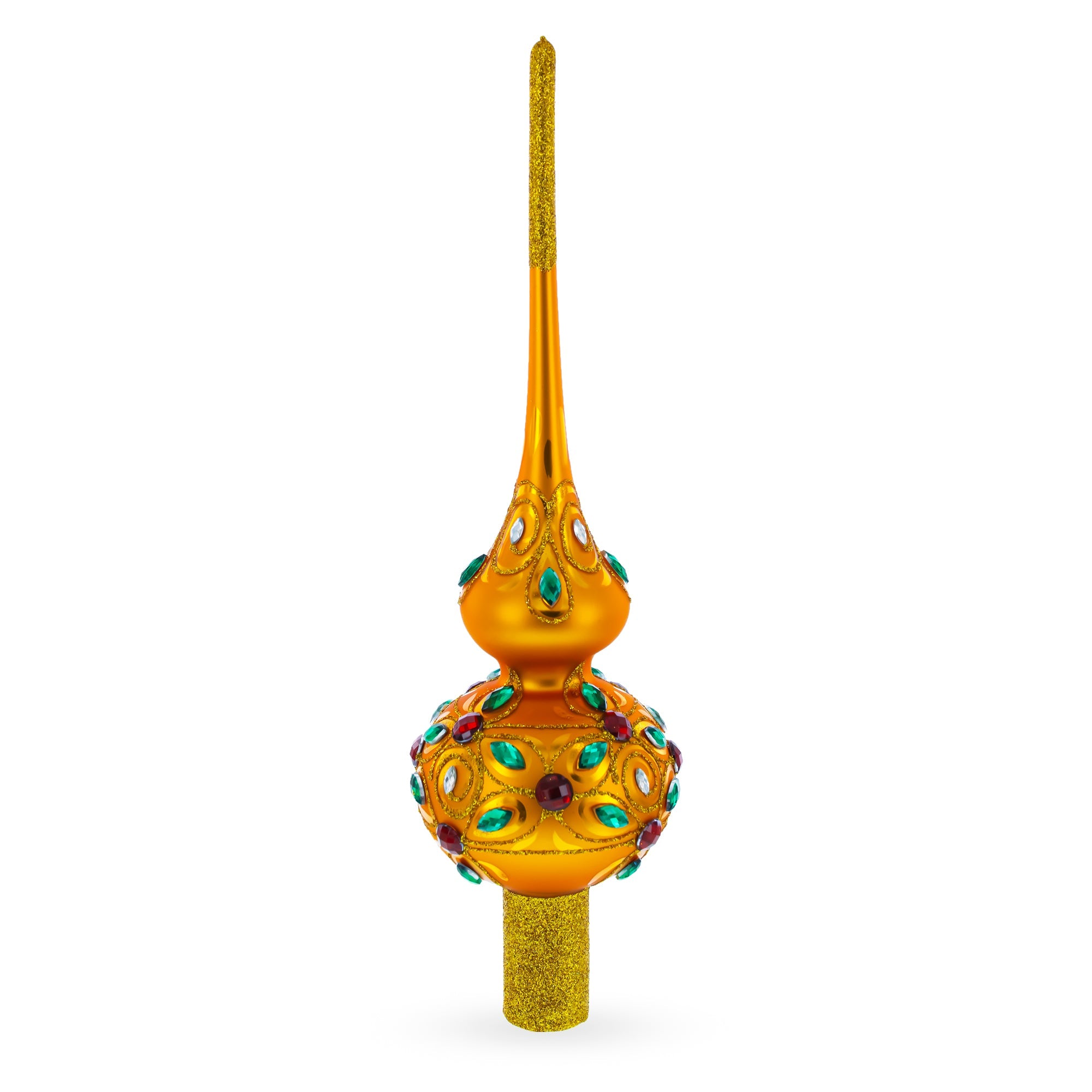 Multicolored Jewels on Gold Glass Christmas Tree Topper 11 Inches