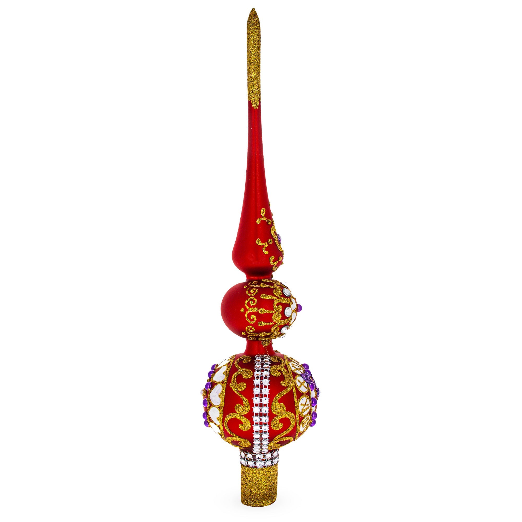 Embossed Clock on Glittered Double Ball Red Glass Christmas Tree Topper 12.5 Inches