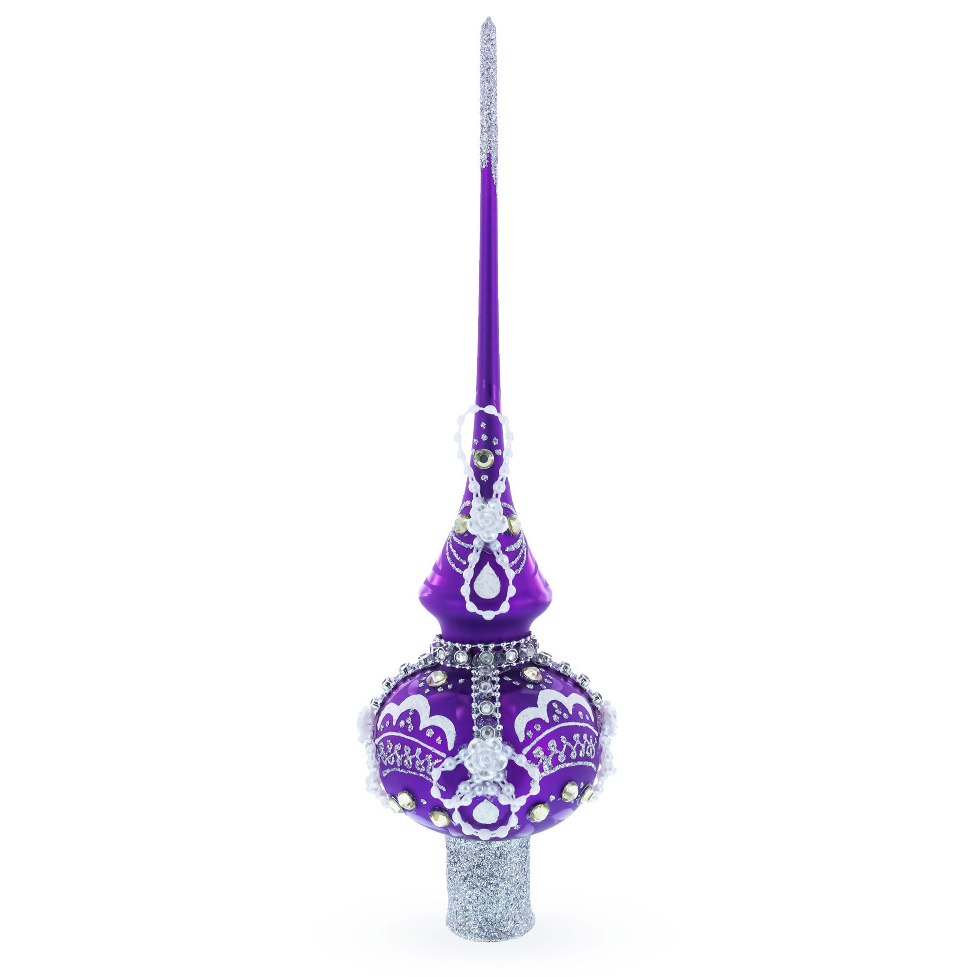 Dimensional White Roses on Purple Glass Christmas Tree Topper 11 Inches