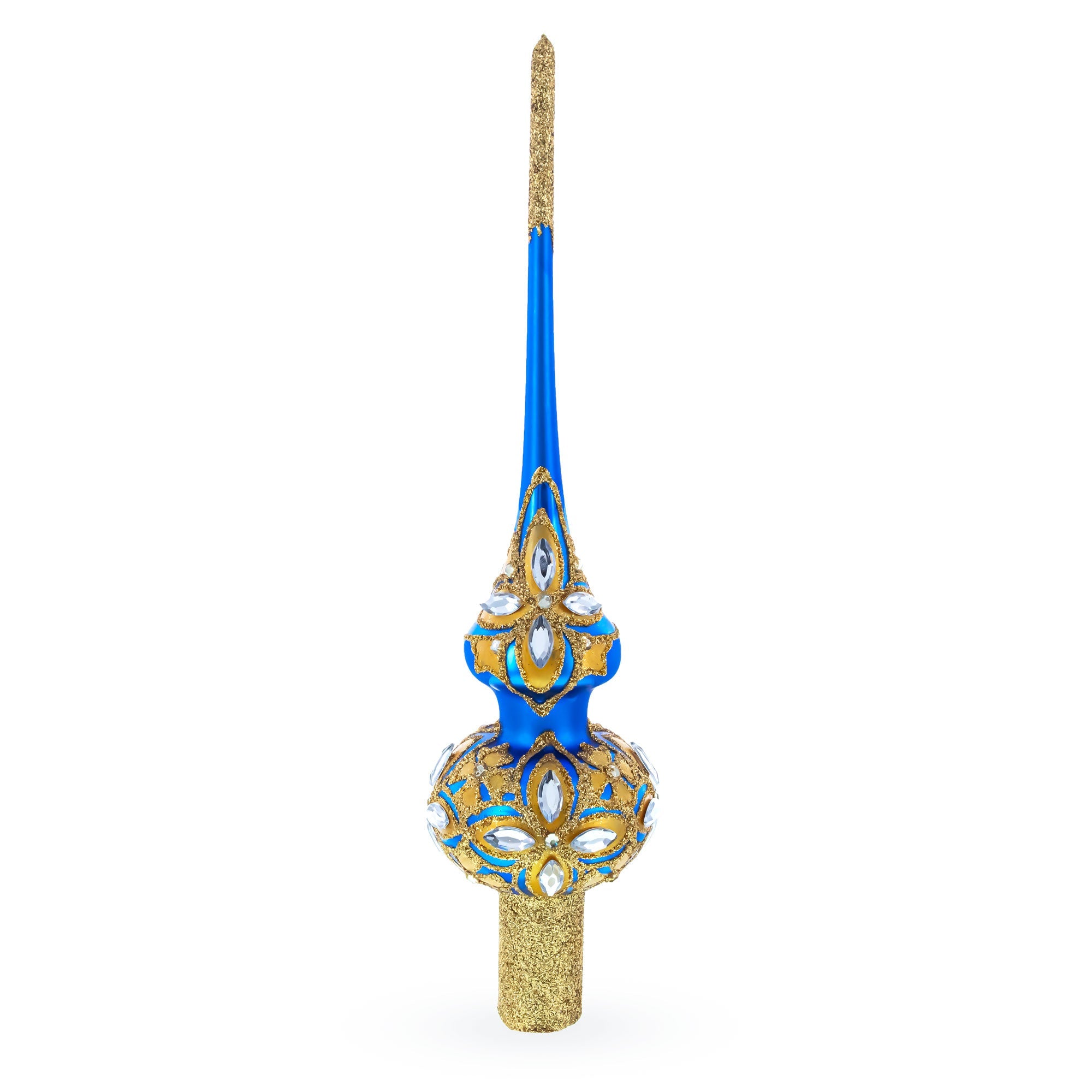 Diamond Stars on Blue and Gold Glass Christmas Tree Topper 11 Inches
