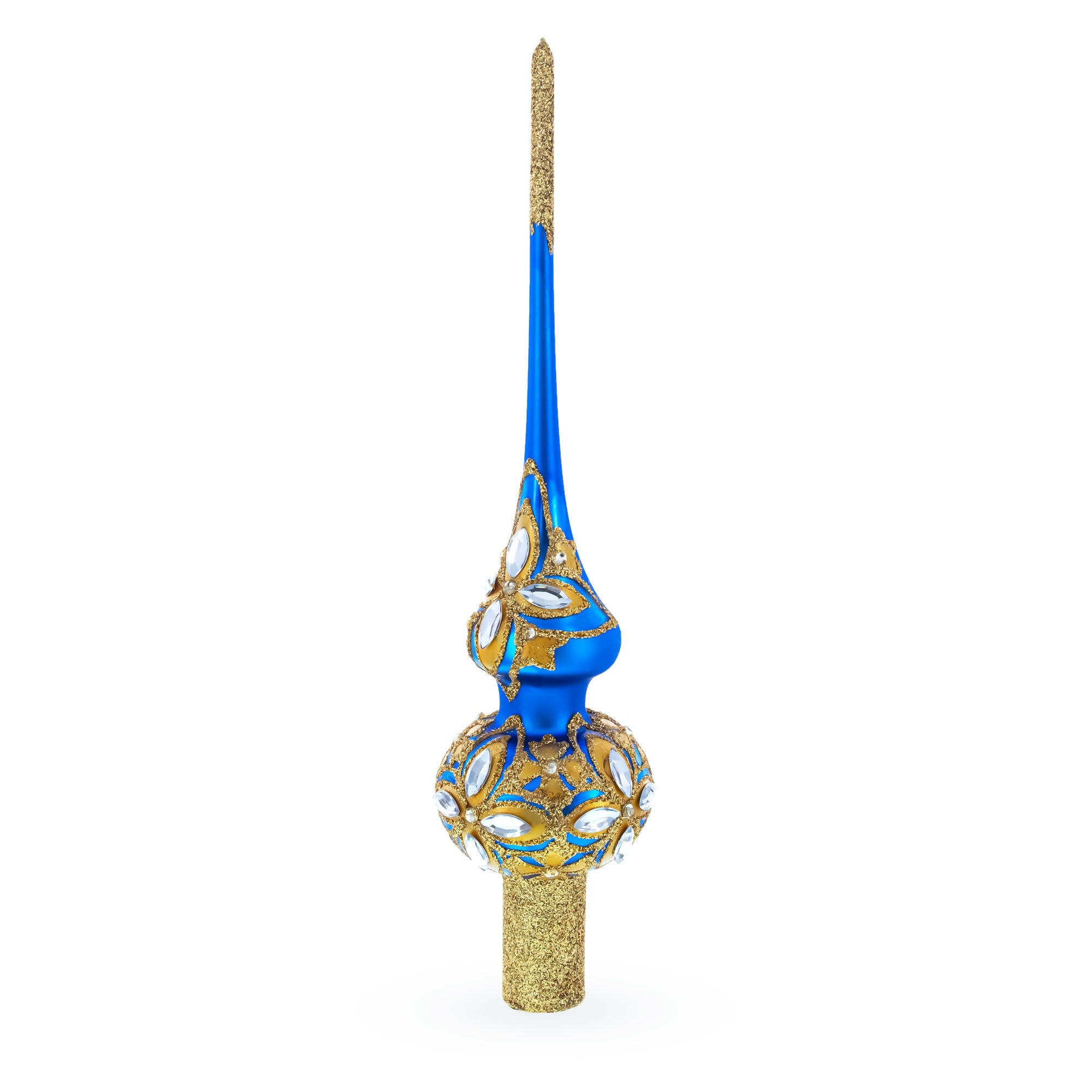 Diamond Stars on Blue and Gold Glass Christmas Tree Topper 11 Inches