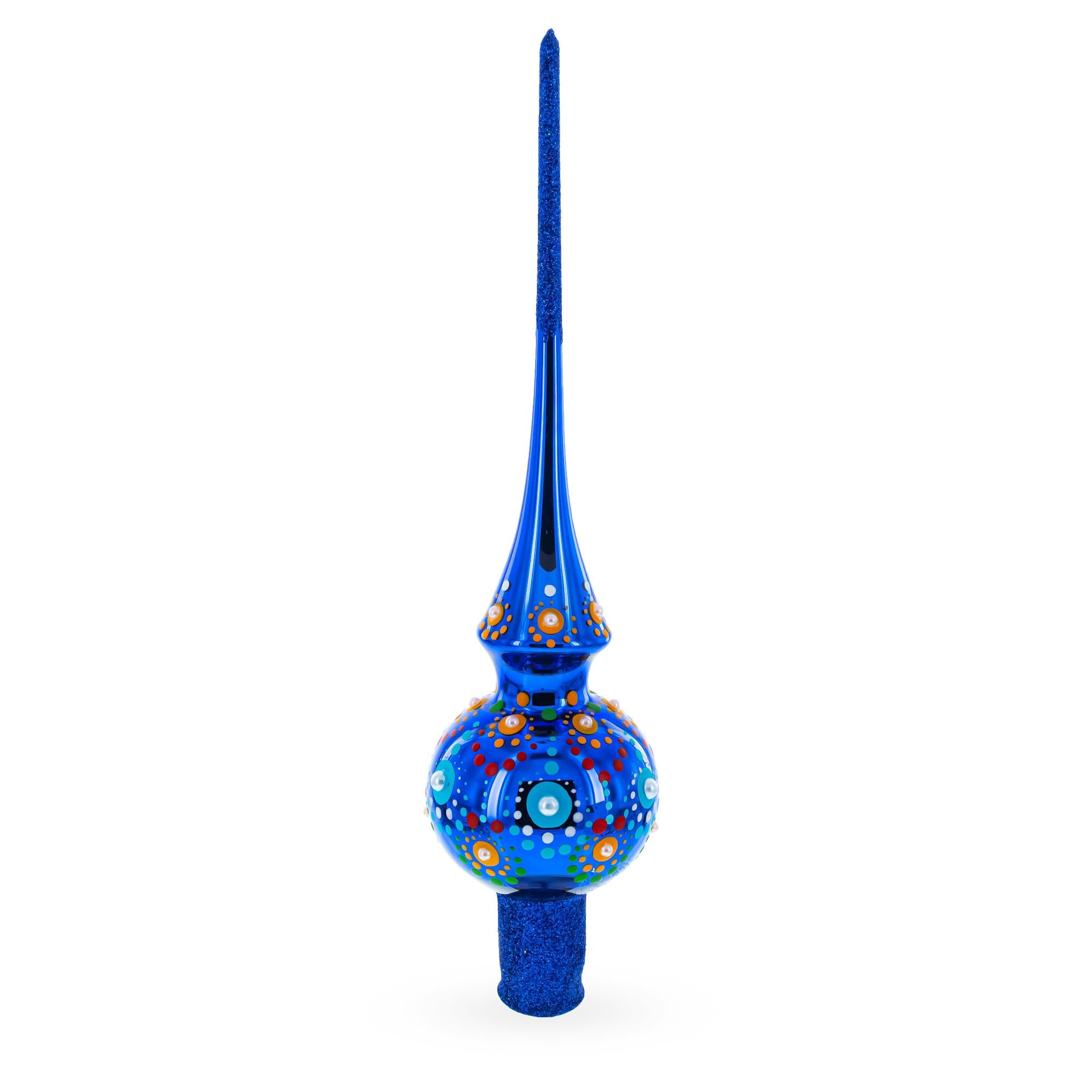Vibrant Sapphire Blue with Festive Accents Glass Christmas Tree Topper