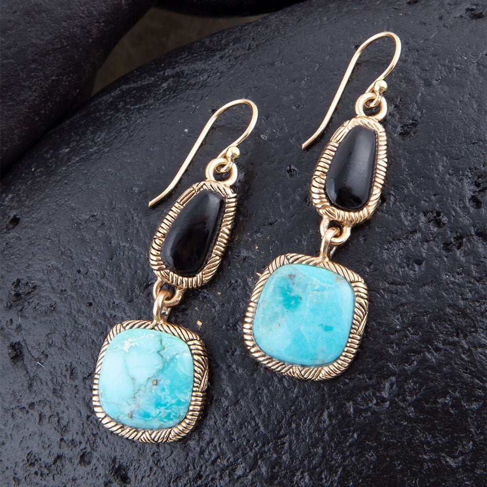 Black Onyx and Blue turquoise Golden Bronze Drop Earrings Barse Jewelry