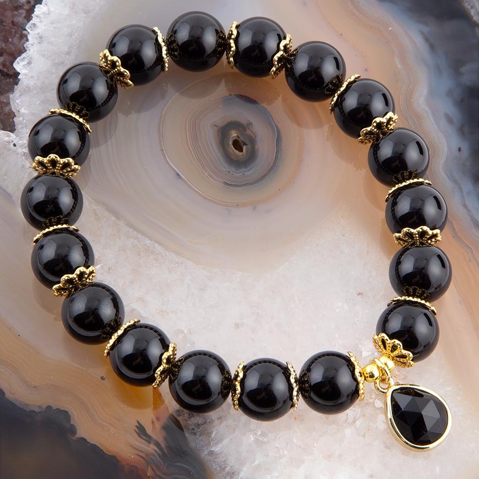 Black Onyx Gold Tone Beaded Stretch Bracelet Barse Jewelry