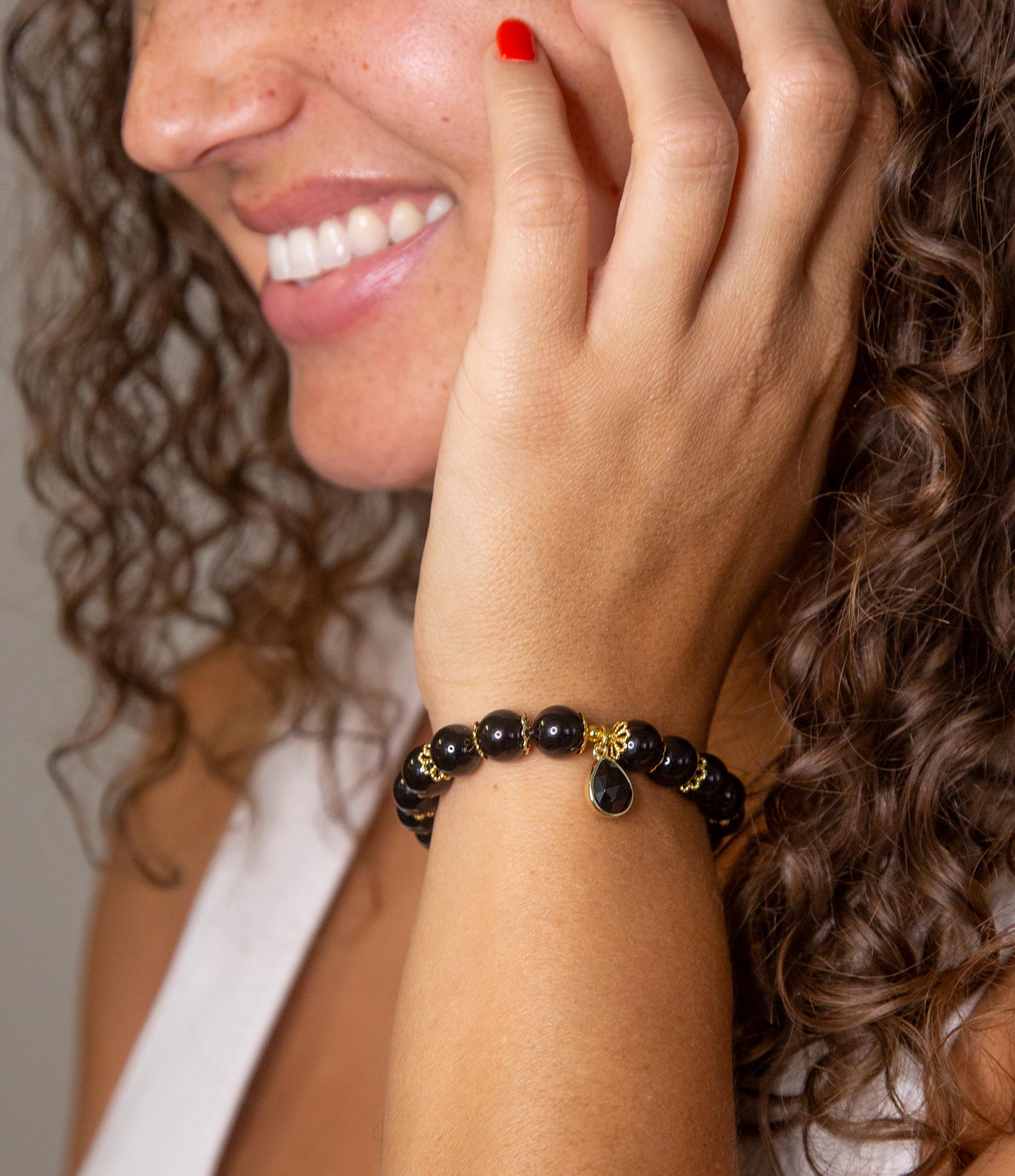 Black Onyx Gold Tone Beaded Stretch Bracelet Barse Jewelry