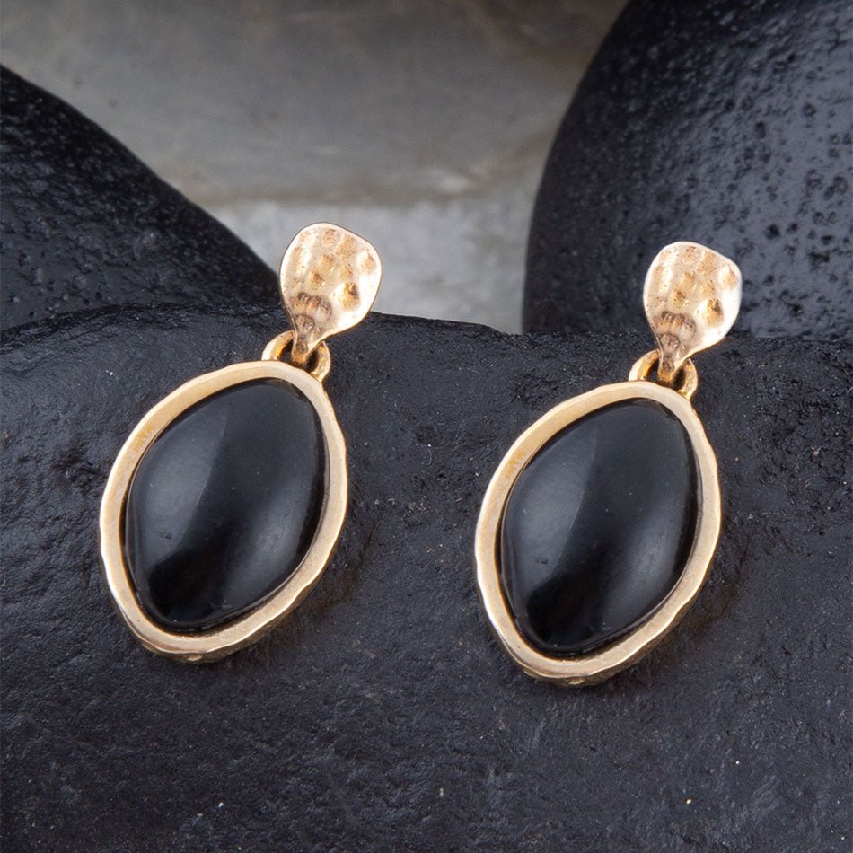 Black Onyx Hammered Post Drop Golden Earrings Barse Jewelry