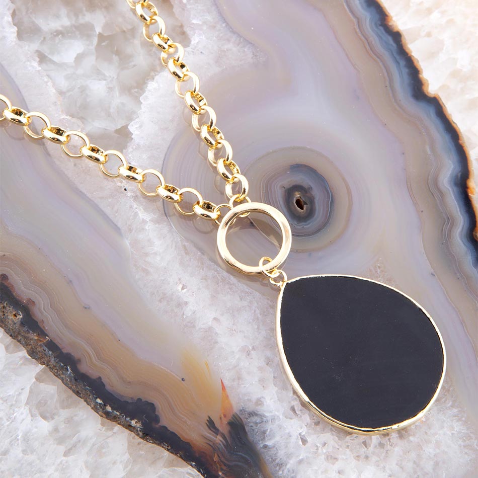 Black Onyx Teardrop Golden Chain Necklace Barse Jewelry