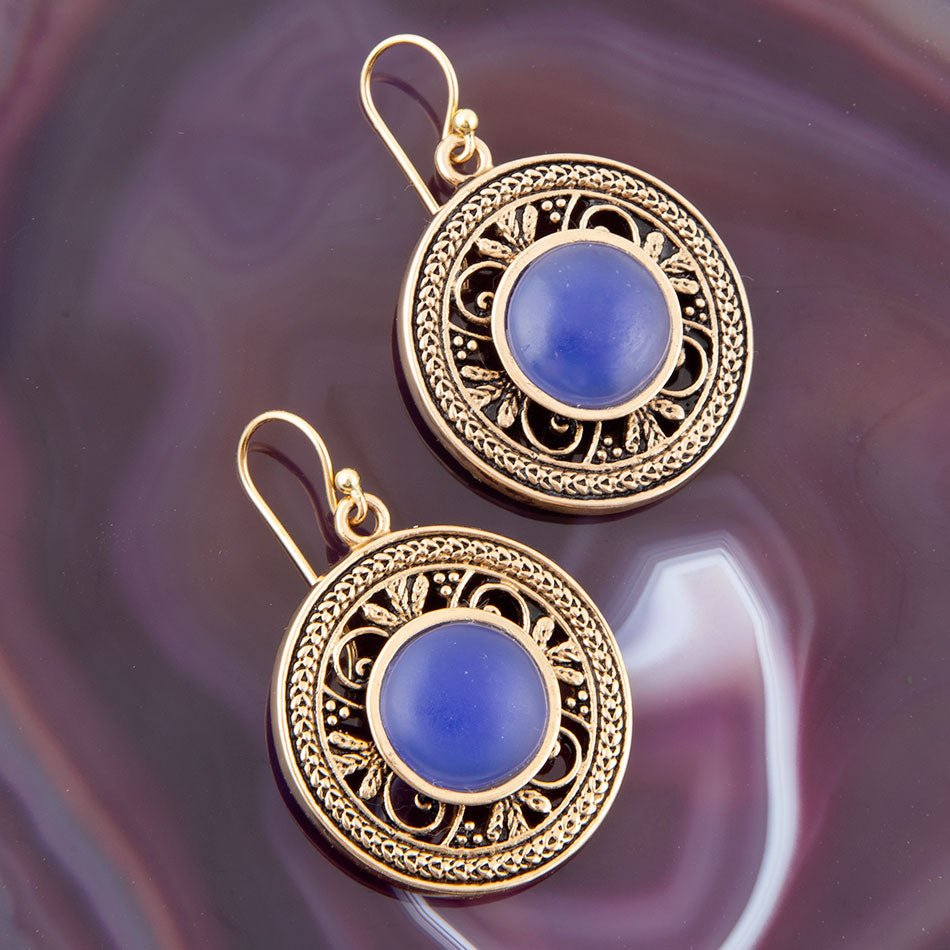 Blue Agate and Golden Detail Drop Earrings Barse Jewelry