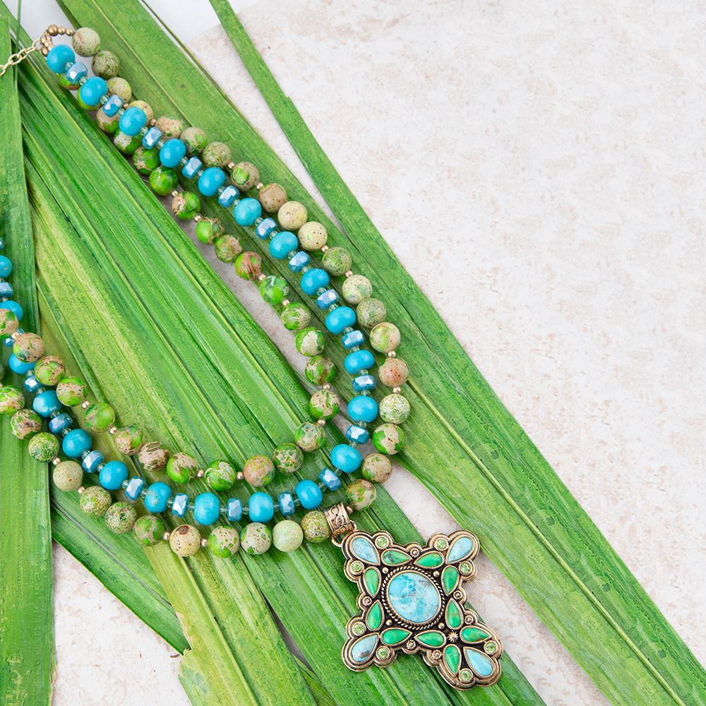 Legacy Lime Green and Blue Turquoise Golden Cross Pendant Statement Necklace Barse Jewelry