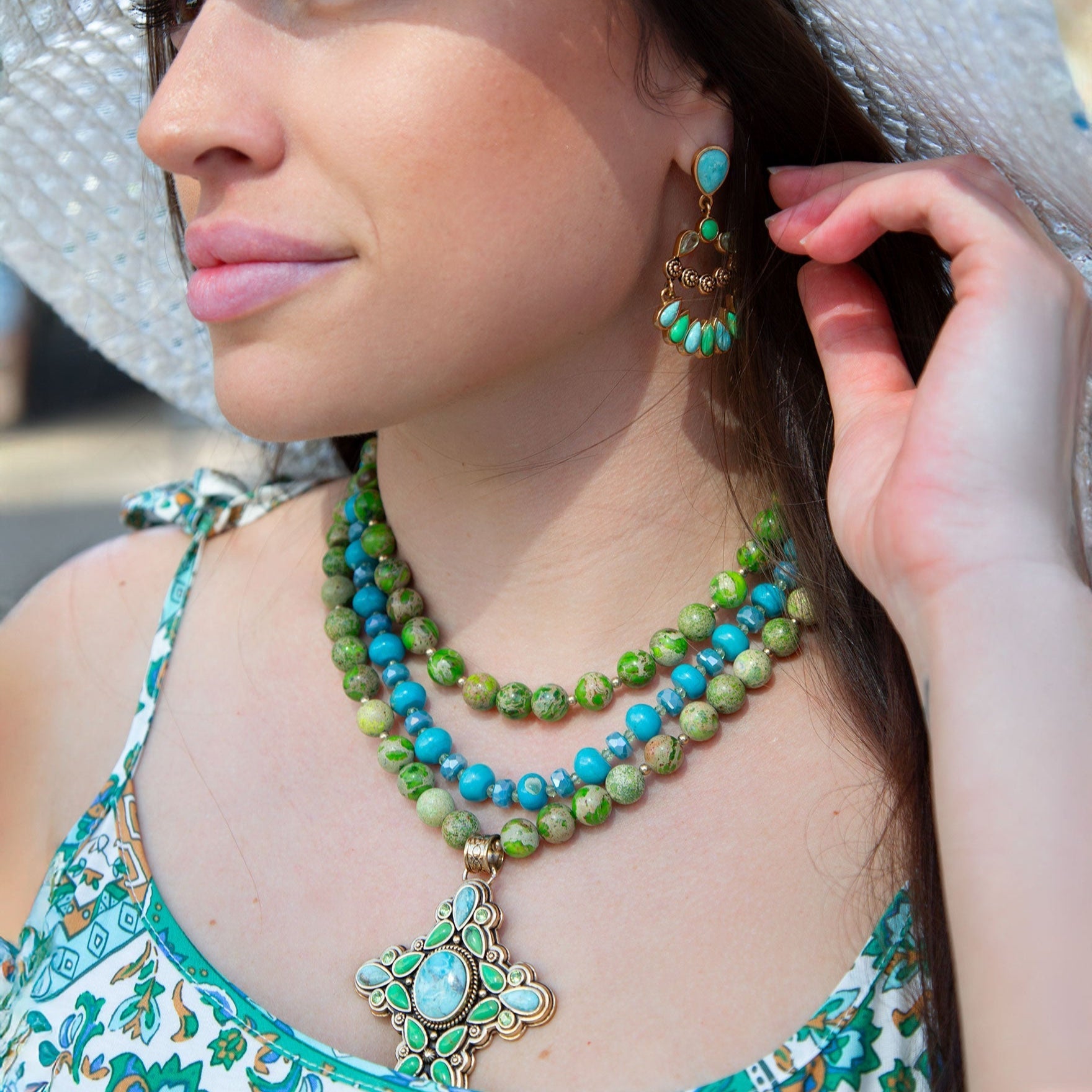 Legacy Lime Green and Blue Turquoise Golden Cross Pendant Statement Necklace Barse Jewelry