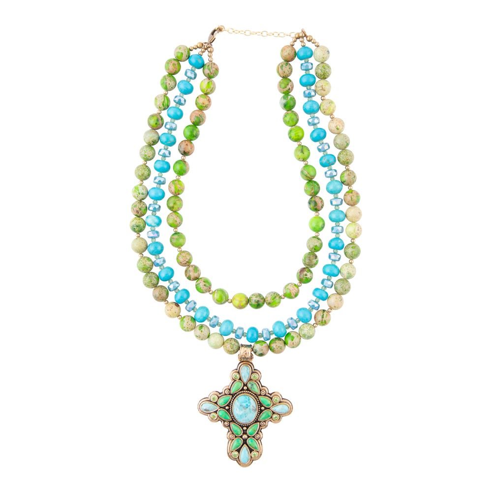 Legacy Lime Green and Blue Turquoise Golden Cross Pendant Statement Necklace Barse Jewelry
