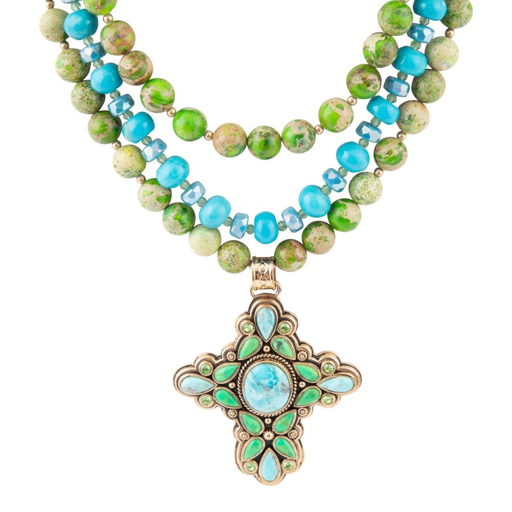Legacy Lime Green and Blue Turquoise Golden Cross Pendant Statement Necklace Barse Jewelry