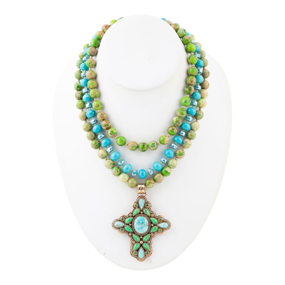 Legacy Lime Green and Blue Turquoise Golden Cross Pendant Statement Necklace Barse Jewelry