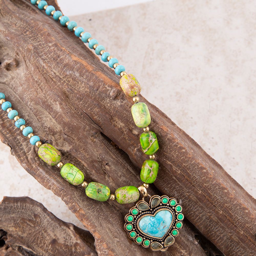 Legacy Heart Lime Green and Blue Turquoise Golden Pendant Necklace Barse Jewelry