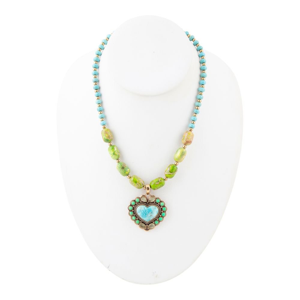 Legacy Heart Lime Green and Blue Turquoise Golden Pendant Necklace Barse Jewelry