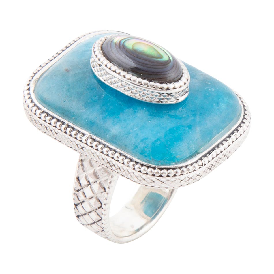 Blue Apatite and Abalone Stacked Sterling Silver Ring Barse Jewelry