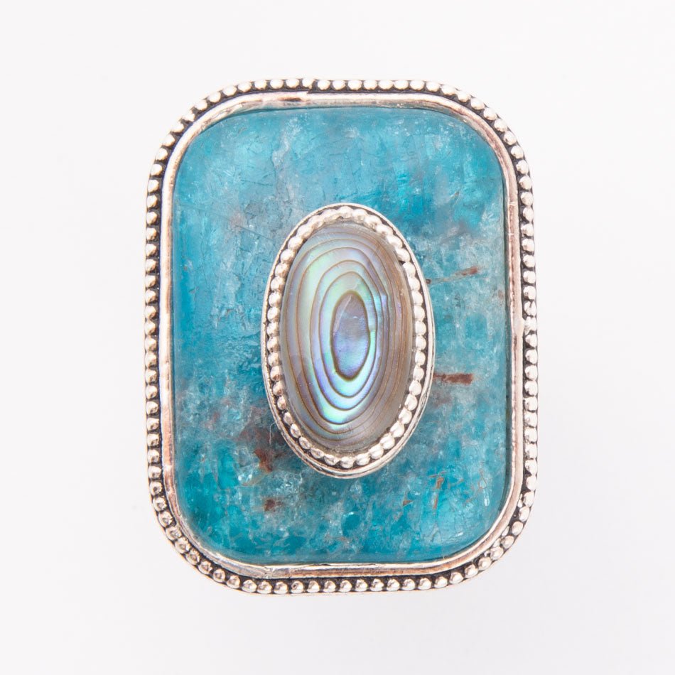 Blue Apatite and Abalone Stacked Sterling Silver Ring Barse Jewelry