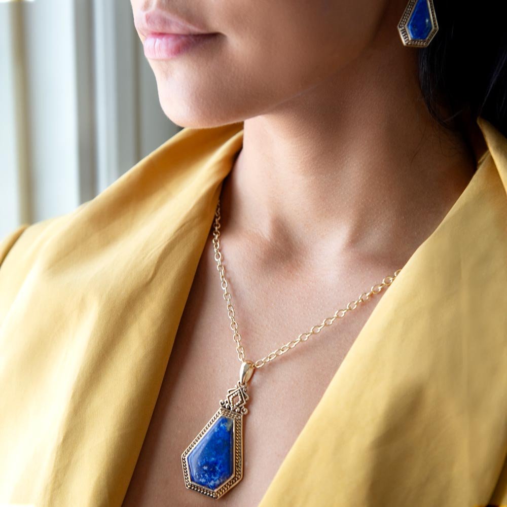 Blue Lapis Golden Elongated Pendant Necklace Barse Jewelry