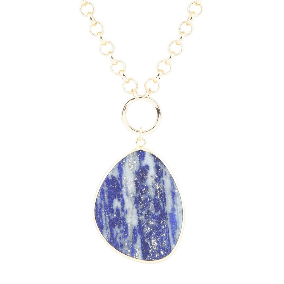 Blue Lapis Slab Pendant Golden Necklace Barse Jewelry