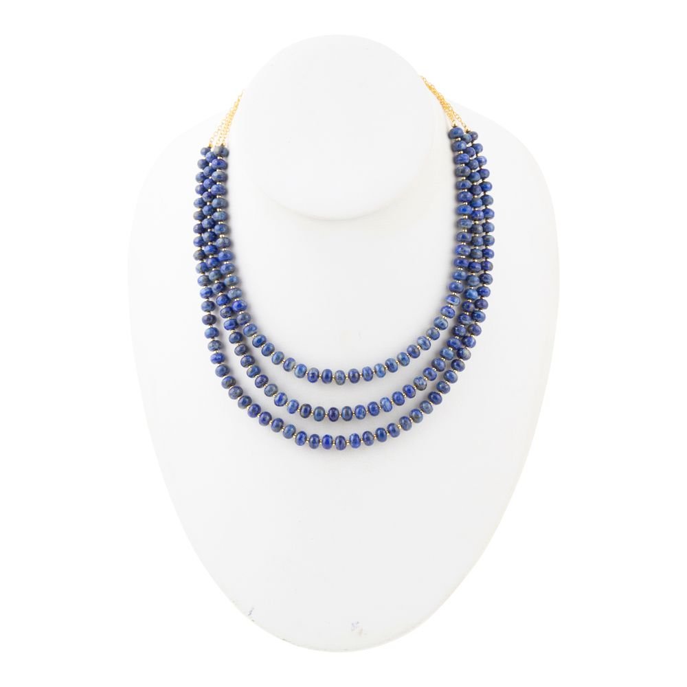 Blue Lapis Triple Strand Golden Necklace Barse Jewelry