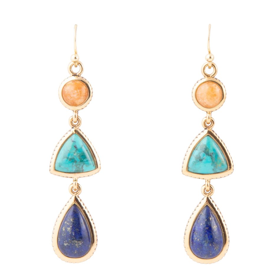 Blue Lapis, Turquoise and Orange Sponge Coral Golden Drop Earrings Barse Jewelry