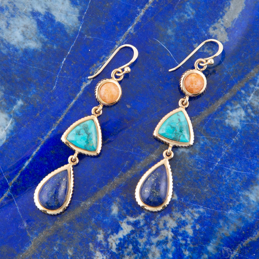 Blue Lapis, Turquoise and Orange Sponge Coral Golden Drop Earrings Barse Jewelry