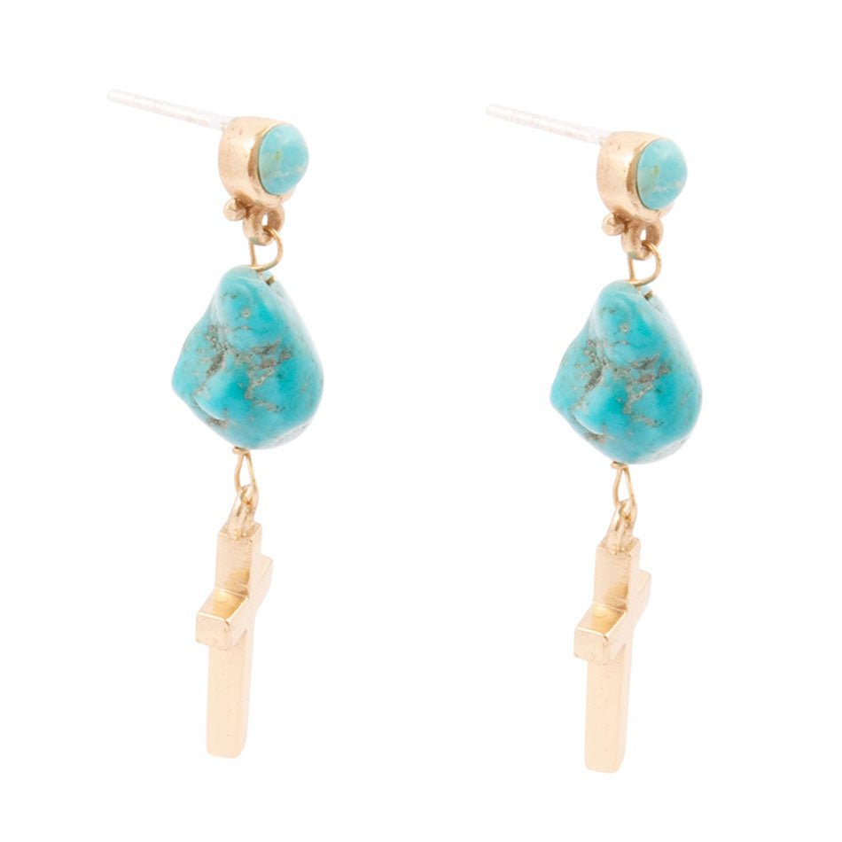 Blue Turquoise On The Cross Golden Post Earrings Barse Jewelry