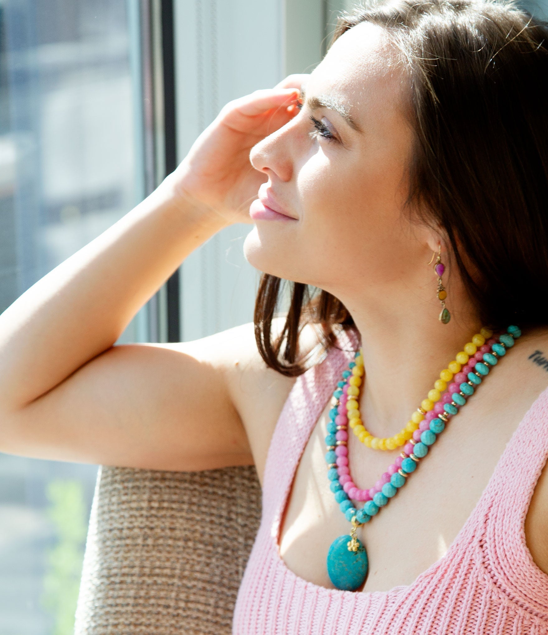 St. Augustine Pink Agate and Blue Turquoise Golden Pendant Necklace Barse Jewelry