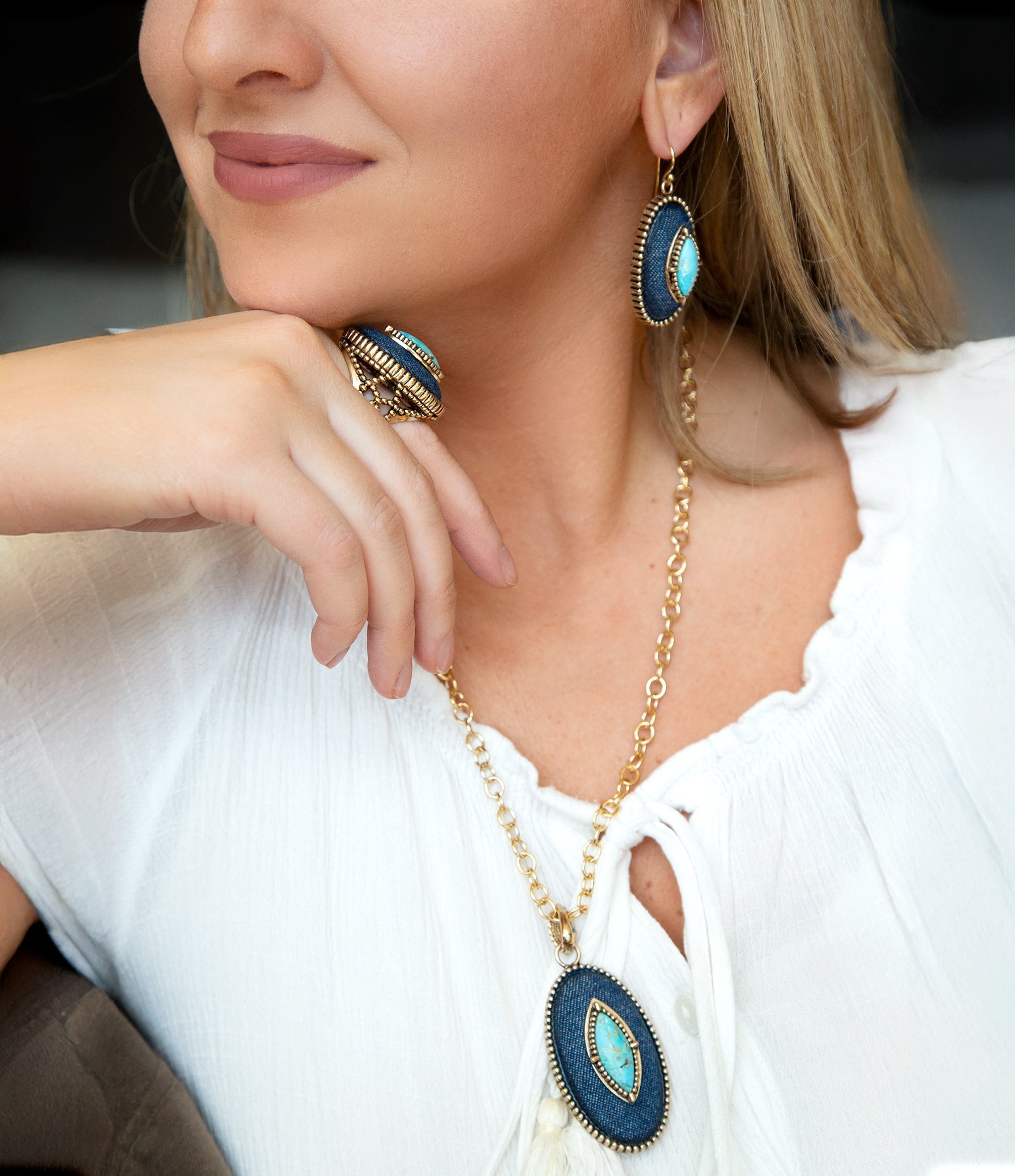 Stacked Blue Turquoise and Denim Golden Pendant Necklace Barse Jewelry