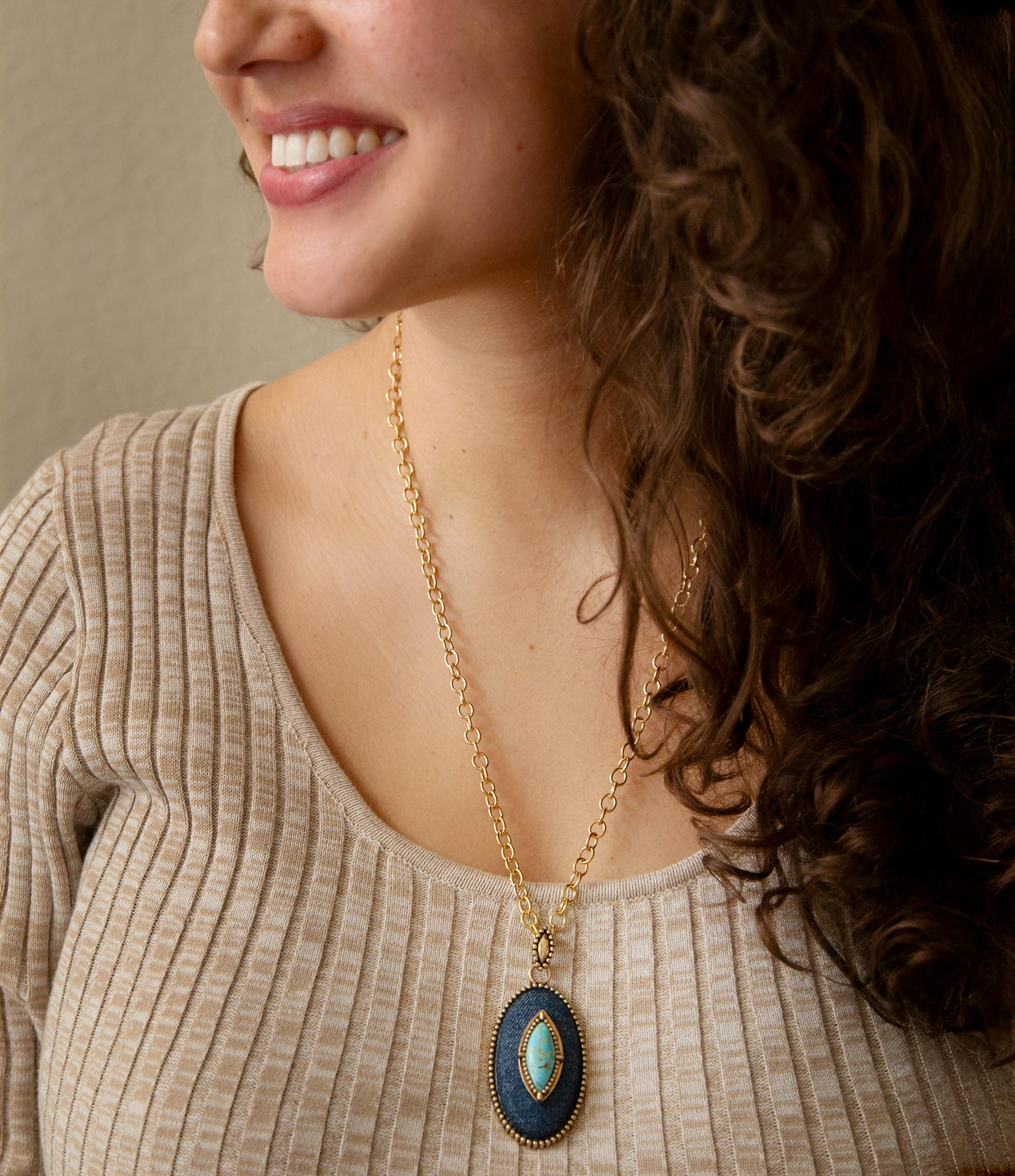 Stacked Blue Turquoise and Denim Golden Pendant Necklace Barse Jewelry