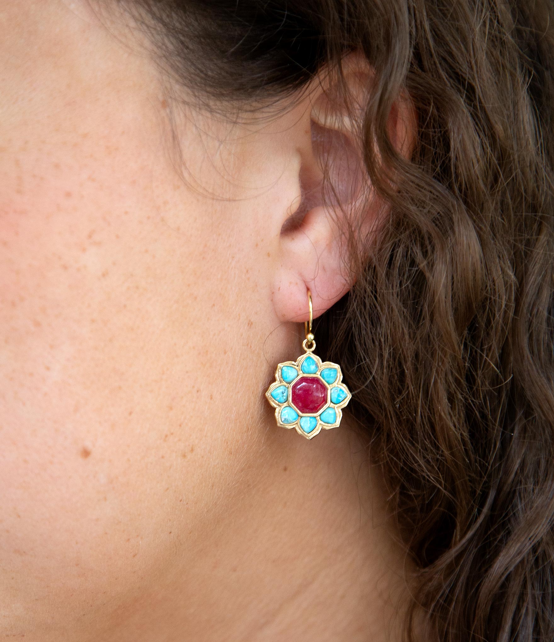Blue Turquoise and Red Quartz Flower Golden Earrings Barse Jewelry