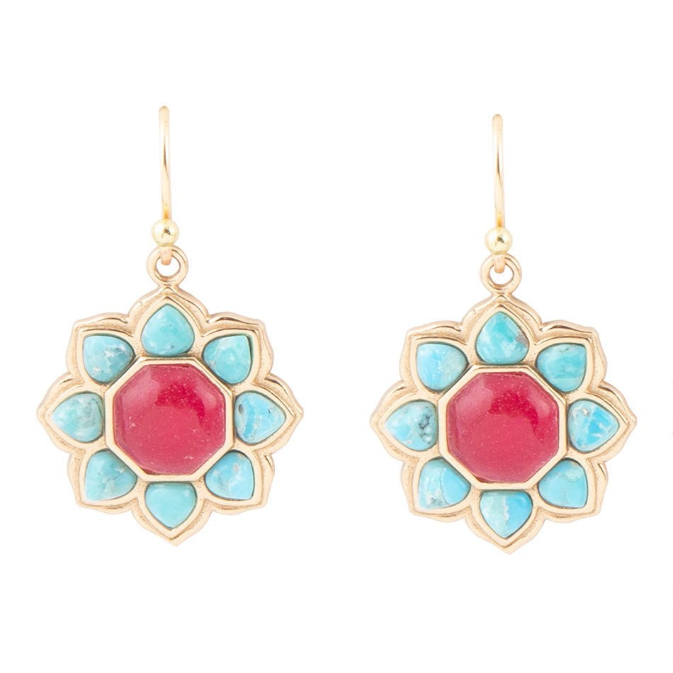 Blue Turquoise and Red Quartz Flower Golden Earrings Barse Jewelry