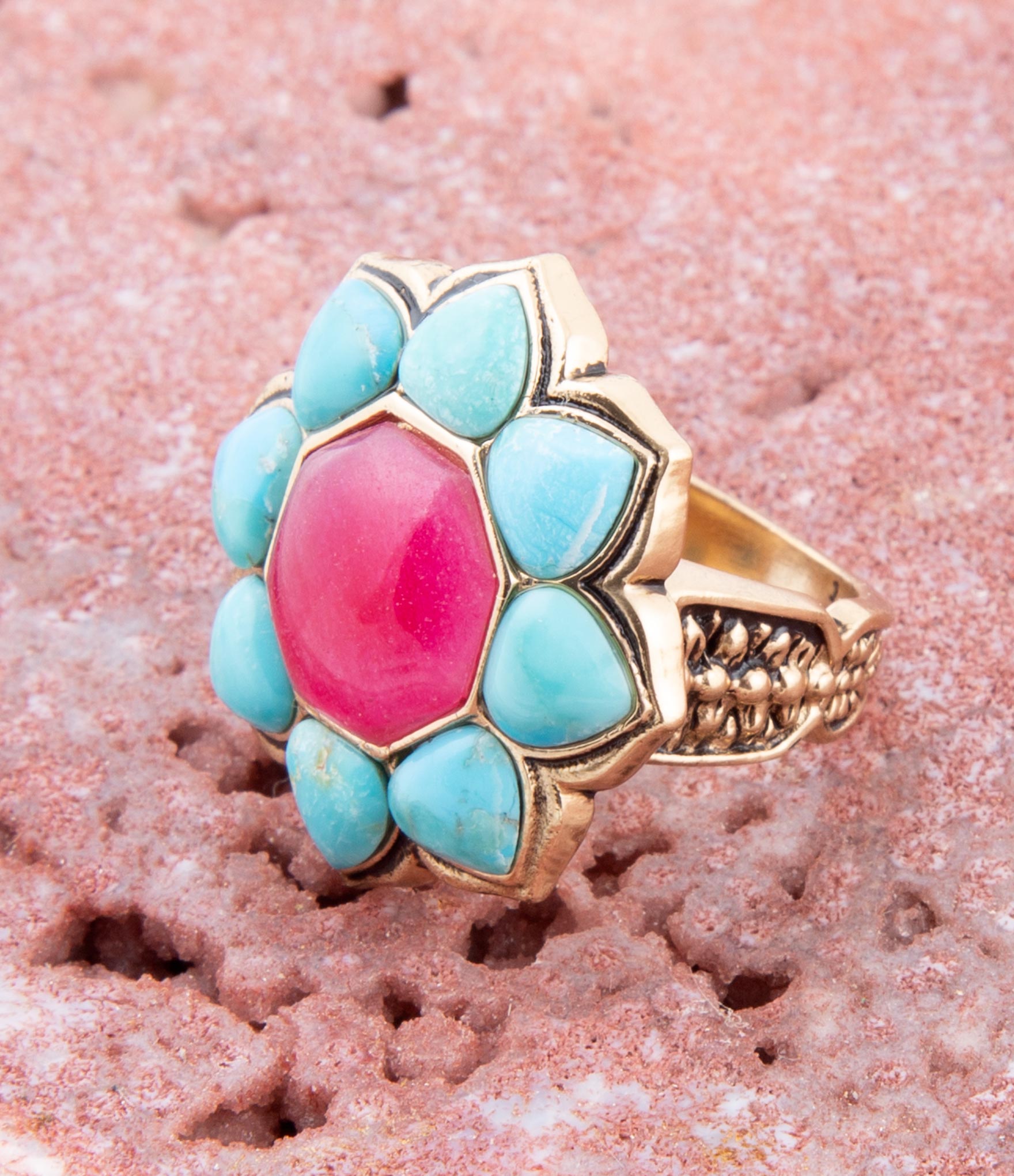 Blue Turquoise and Red Quartz Flower Golden Ring Barse Jewelry